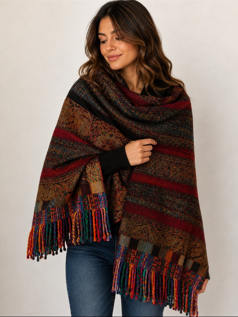 Coldwater Creek Oversized Wool Blend Wrap Scarf Paisley Boho Fringe 28” x 72”